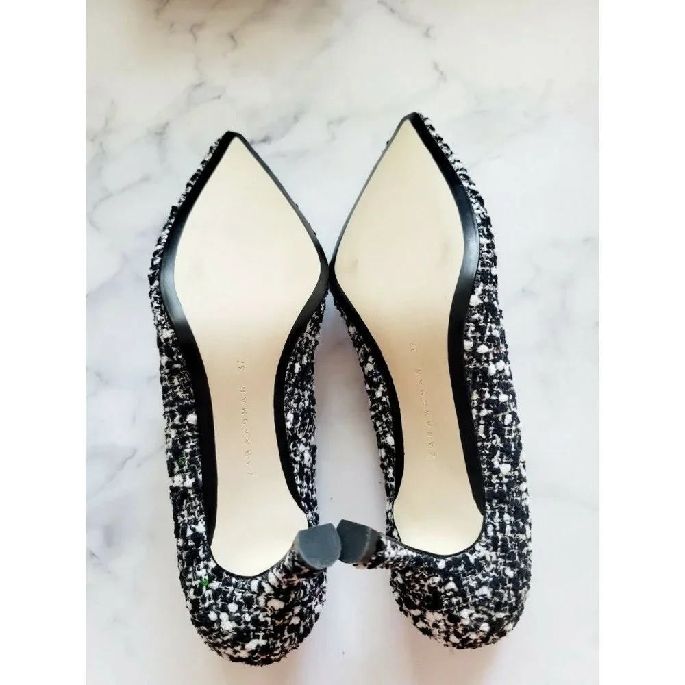 Zara Tweed Sequin Pointed Toe Black White Multicolor Slip On Shoes Heels 37 6.5_7